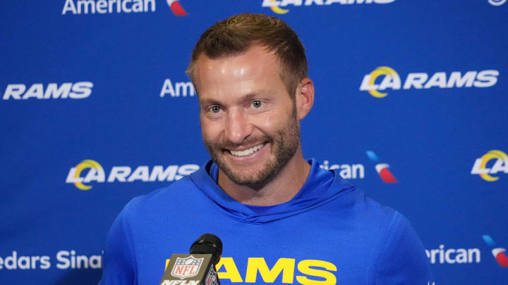 Oct 19, 2025; London, United Kingdom; Los Angeles Rams head coach Sean McVay at a press conference after a NFL International Series game against the Jacksonville Jaguars at Wembley Stadium. Mandatory Credit: Kirby Lee-Imagn Images Oct 19, 2025; London, United Kingdom; Los Angeles Rams head coach Sean McVay at a press conference after a NFL International Series game against the Jacksonville Jaguars at Wembley Stadium. Mandatory Credit: Kirby Lee-Imagn Images