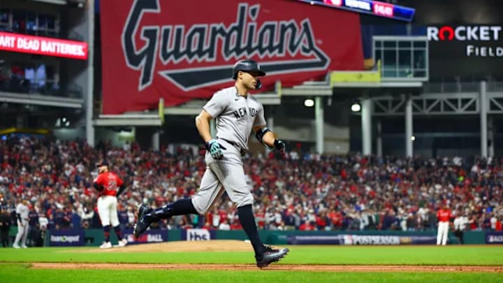 Giancarlo Stanton hits a home run in the Guardians-Yankees game.