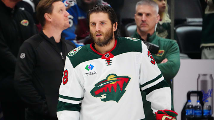 Jan 20, 2025; Denver, Colorado, USA; Minnesota Wild right wing Ryan Hartman (38) before the game against the Colorado Avalanche at Ball Arena. Mandatory Credit: Ron Chenoy-Imagn Images