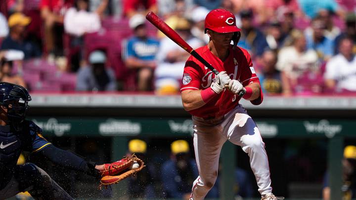 Sep 6, 2026; Cincinnati, Ohio, USA;  Cincinnati Reds second baseman Matt McLain draws a walk against the Milwaukee Brewers in the eighth inning at Great American Ball Park. Mandatory Credit: Aaron Doster-Imagn Images