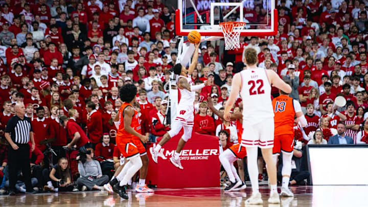Wisconsin senior Nick Boyd converts a layup during the Badgers' 96-64 victory over Campbell on November 3, 2025.