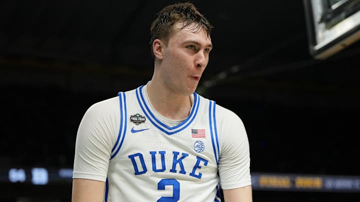 Apr 5, 2025; San Antonio, TX, USA; Duke Blue Devils forward Cooper Flagg (2) reacts after a play against the Houston Cougars during the second half in the semifinals of the men's Final Four of the 2025 NCAA Tournament at the Alamodome. Mandatory Credit: Bob Donnan-Imagn Images Apr 5, 2025; San Antonio, TX, USA; Duke Blue Devils forward Cooper Flagg (2) reacts after a play against the Houston Cougars during the second half in the semifinals of the men's Final Four of the 2025 NCAA Tournament at the Alamodome. Mandatory Credit: Bob Donnan-Imagn Images