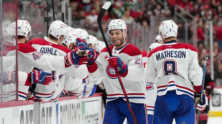 May 21, 2026; Raleigh, North Carolina, USA; Montreal Canadiens left wing Juraj Slafkovsky (20) celebrates with teammates after scoring a goal against the Carolina Hurricanes during the third period in game one of the Eastern Conferene Final of the 2026 Stanley Cup Playoffs at Lenovo Center. Mandatory Credit: James Guillory-Imagn Images