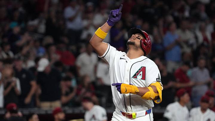 Sep 13, 2026; Phoenix, Arizona, USA;  Arizona Diamondbacks catcher Gabriel Moreno (14) reacts after hitting a solo home run against the Texas Rangers in the fourth inning at Chase Field.  Mandatory Credit: Rick Scuteri-Imagn Images