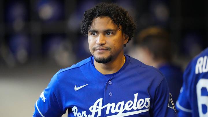 May 23, 2026; Milwaukee, Wisconsin, USA;  Los Angeles Dodgers third baseman Santiago Espinal (21) prior to the game against the Milwaukee Brewers at American Family Field. Mandatory Credit: Jeff Hanisch-Imagn Images