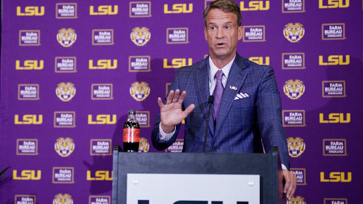 Dec 1, 2025; Baton Rouge, LA, USA; LSU new head coach Lane Kiffin speaks at South Stadium Club at Tiger Stadium. Mandatory Credit: Matthew Hinton-Imagn Images