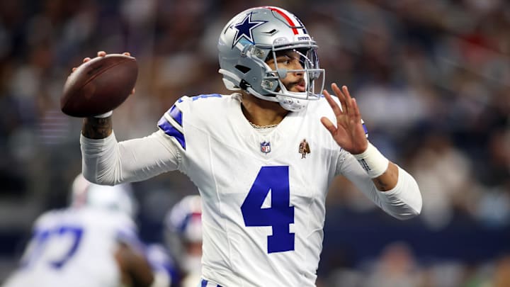 Nov 12, 2023; Arlington, Texas, USA; Dallas Cowboys quarterback Dak Prescott (4) throws a pass in the second quarter against the New York Giants at AT&T Stadium. Mandatory Credit: Tim Heitman-USA TODAY Sports