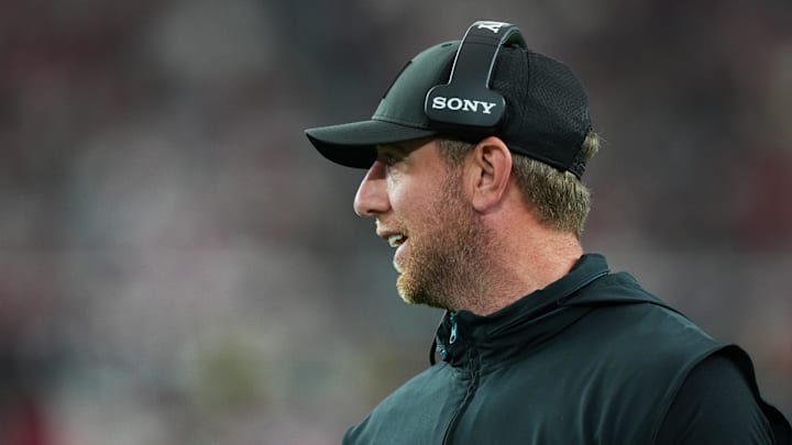 Nov 23, 2025; Glendale, Arizona, USA; Jacksonville Jaguars head coach Liam Coen looks on during the third quarter against the Arizona Cardinals at State Farm Stadium. Nov 23, 2025; Glendale, Arizona, USA; Jacksonville Jaguars head coach Liam Coen looks on during the third quarter against the Arizona Cardinals at State Farm Stadium.