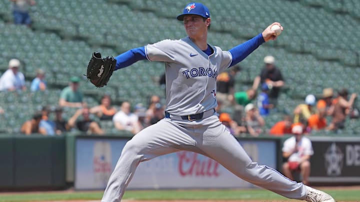 Toronto Blue Jays pitcher Easton Lucas throws a pitch, wearing a gray jersey and a blue hat. Toronto Blue Jays pitcher Easton Lucas throws a pitch, wearing a gray jersey and a blue hat.