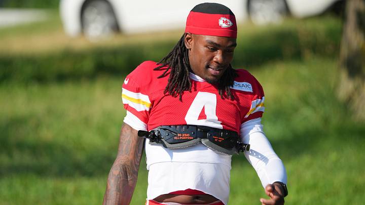 Aug 3, 2026; Kansas City, MO, USA; Kansas City Chiefs wide receiver Rashee Rice (4) walks down the hill to the fields prior to training camp at Missouri Western University. Mandatory Credit: Denny Medley-Imagn Images Aug 3, 2026; Kansas City, MO, USA; Kansas City Chiefs wide receiver Rashee Rice (4) walks down the hill to the fields prior to training camp at Missouri Western University. Mandatory Credit: Denny Medley-Imagn Images