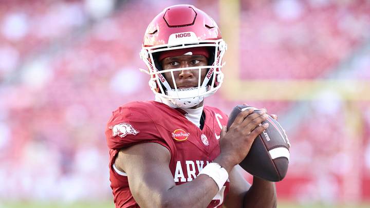 Arkansas Razorbacks quarterback KJ Jackson (7) warms up on the sideline during the fourth quarter against the North Alabama Lions at Donald W. Reynolds Razorback Stadium. Arkansas Razorbacks quarterback KJ Jackson (7) warms up on the sideline during the fourth quarter against the North Alabama Lions at Donald W. Reynolds Razorback Stadium.