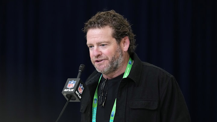 Feb 24, 2026; Indianapolis, IN, USA; Seattle Seahawks general manager John Schneider speaks at the NFL Scouting Combine at the Indiana Convention Center. Mandatory Credit: Kirby Lee-Imagn Images