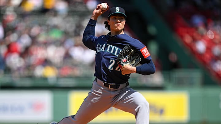 Seattle Mariners pitcher Bryan Woo throws during a game against the Boston Red Sox on April 24 at Fenway Park.