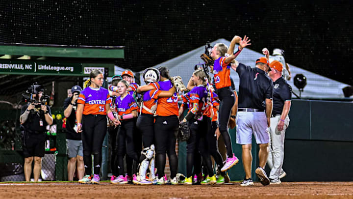 The Central Region team celebrates after their win to advance to the orange championship game on Saturday, August 9.