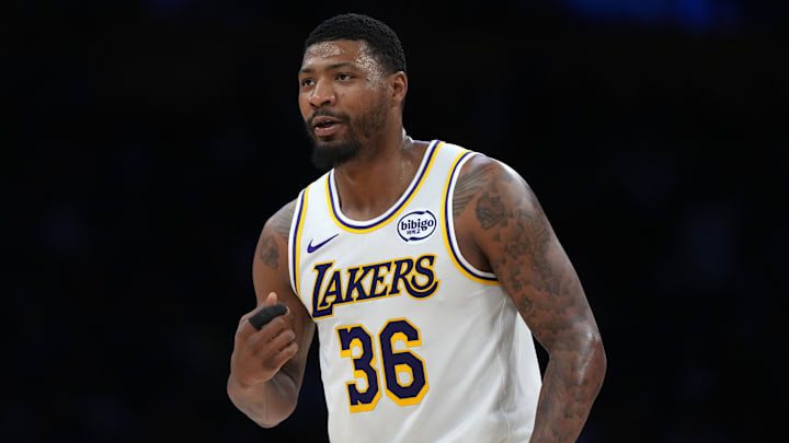 Mar 8, 2026; Los Angeles, California, USA; Los Angeles Lakers guard Marcus Smart (36) reacts against the New York Knicks at Crypto.com Arena. Mandatory Credit: Kirby Lee-Imagn Images