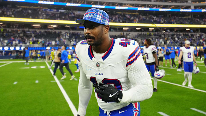 Dec 8, 2024; Inglewood, California, USA; Buffalo Bills linebacker Von Miller (40) leaves the field after the game against the Los Angeles Rams at SoFi Stadium. Mandatory Credit: Kirby Lee-Imagn Images