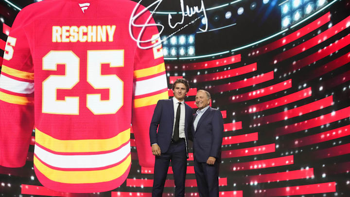 Jun 27, 2025; Los Angeles, California, USA; Cole Reschny is selected as the 18th overall pick to the Calgary Flames in the first round of the 2025 NHL Draft at Peacock Theater. Mandatory Credit: Kirby Lee-Imagn Images