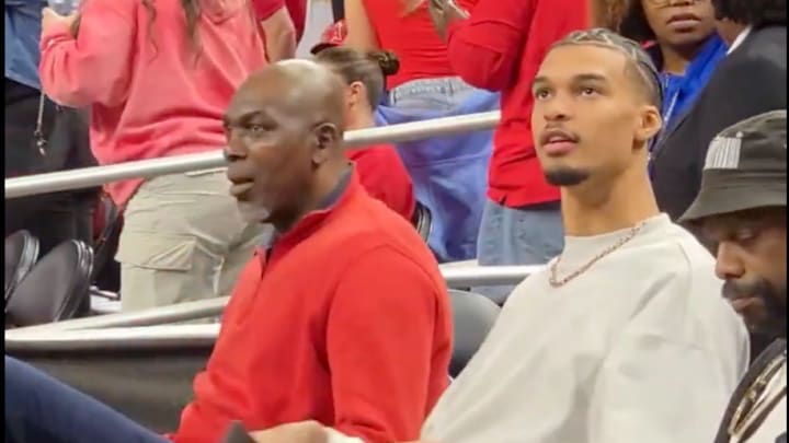 Hakeem Olajuwon and Victor Wembanyama attend the NCAA tournament final between Houston and Florida at the Alamodome in San Antonio.