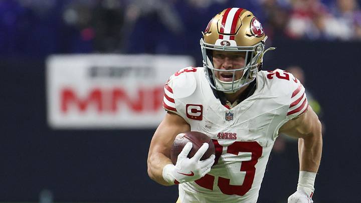 Dec 22, 2025; Indianapolis, Indiana, USA; San Francisco 49ers running back Christian McCaffrey (23) carries the ball against the Indianapolis Colts in the first quarter of the game at Lucas Oil Stadium. Mandatory Credit: Trevor Ruszkowski-Imagn Images Dec 22, 2025; Indianapolis, Indiana, USA; San Francisco 49ers running back Christian McCaffrey (23) carries the ball against the Indianapolis Colts in the first quarter of the game at Lucas Oil Stadium. Mandatory Credit: Trevor Ruszkowski-Imagn Images