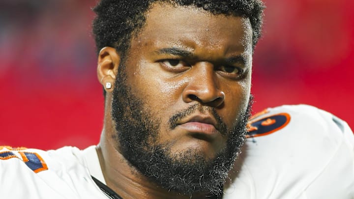 Former  Chicago Bears defensive tackle Keith Randolph Jr. (67) leaves the field after defeating the Kansas City Chiefs at GEHA Field at Arrowhead Stadium.