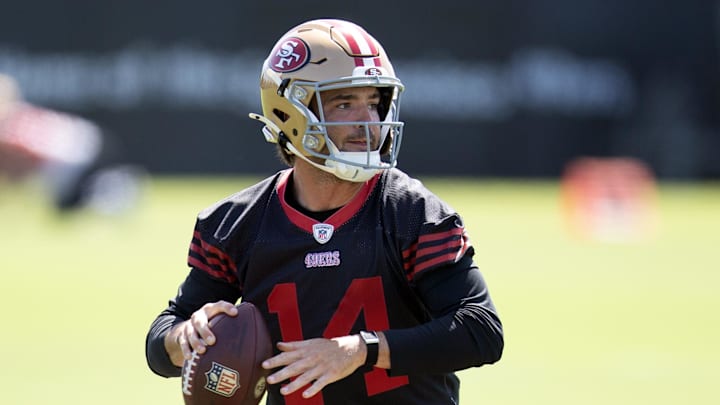 Jun 11, 2025; Santa Clara, CA, USA; San Francisco 49ers quarterback Tanner Mordecai (14) practices his footwork during a team OTA at Levi's Stadium. Mandatory Credit: D. Ross Cameron-Imagn Images