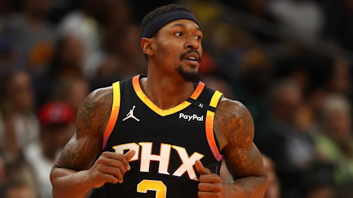Nov 26, 2024; Phoenix, Arizona, USA; Phoenix Suns guard Bradley Beal (3) against the Los Angeles Lakers during an NBA Cup game at Footprint Center. Mandatory Credit: Mark J. Rebilas-Imagn Images