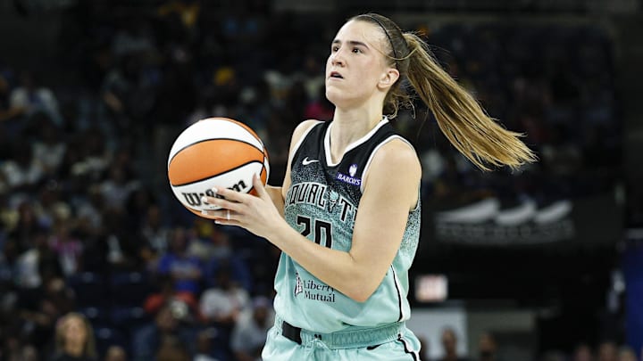 Sep 11, 2025; Chicago, Illinois, USA; New York Liberty guard Sabrina Ionescu (20) looks to shoot against the Chicago Sky during the first half at Wintrust Arena. Mandatory Credit: Kamil Krzaczynski-Imagn Images