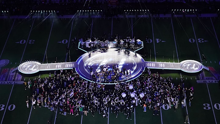 Feb 11, 2024; Paradise, Nevada, USA; Recording artist Usher performs during the halftime show of Super Bowl LVIII between Kansas City Chiefs and San Francisco 49ers at Allegiant Stadium. Mandatory Credit: James Lang-Imagn Images