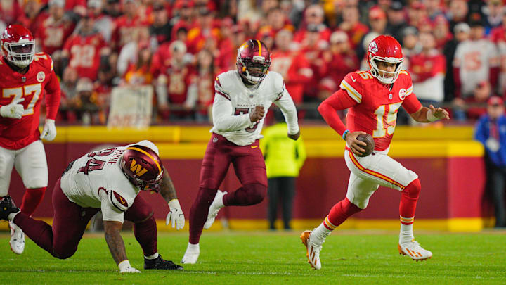 Oct 27, 2025; Kansas City, Missouri, USA; Kansas City Chiefs quarterback Patrick Mahomes (15) scrambles with the ball against the Washington Commanders during the first quarter of the game at GEHA Field at Arrowhead Stadium. Mandatory Credit: Jay Biggerstaff-Imagn Images Oct 27, 2025; Kansas City, Missouri, USA; Kansas City Chiefs quarterback Patrick Mahomes (15) scrambles with the ball against the Washington Commanders during the first quarter of the game at GEHA Field at Arrowhead Stadium. Mandatory Credit: Jay Biggerstaff-Imagn Images
