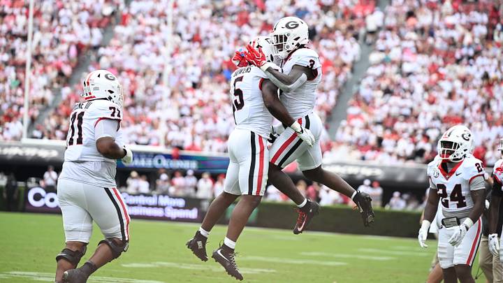 Georgia Bulldogs running backs Nate Frazier and Chauncey Bowens celebrate during the Dawgs' win over Western Kentucky in Sanford Stadium on 9/12/2026. Georgia Bulldogs running backs Nate Frazier and Chauncey Bowens celebrate during the Dawgs' win over Western Kentucky in Sanford Stadium on 9/12/2026.