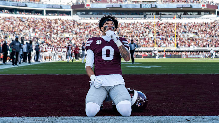 Mississippi State wide receiver Brenen Thompson (0) looks to the sky before a college football game between Mississippi State and Ole Miss at Davis Wade Stadium in Starkville, Miss., on Friday, Nov. 28, 2025. Ole Miss defeated Mississippi State 38-19 in the Egg Bowl.