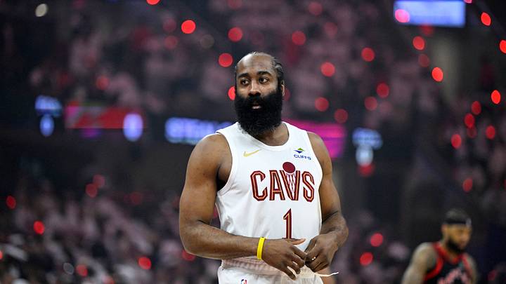 Apr 29, 2026; Cleveland, Ohio, USA; Cleveland Cavaliers guard James Harden (1) stands on the court before game five of the first round of the 2026 NBA Playoffs against the Toronto Raptors at Rocket Arena. Mandatory Credit: David Richard-Imagn Images