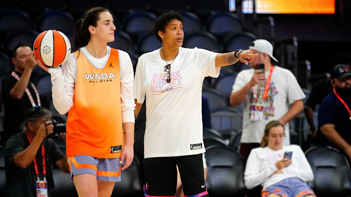 July 19: Team WNBA All-Star coach Cheryl Miller talks to Indiana Fever guard Caitlin Clark during practice for Saturday's All-Star Game agains the U.S. Olympic team.