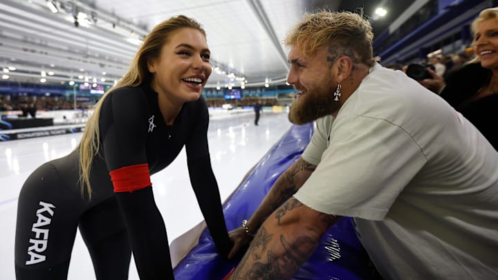 Jake Paul and girlfriend Jutta Leerdam at the Daikin NK Allround & Sprint Ice Skating Dutch Championships in the Netherlands. 
