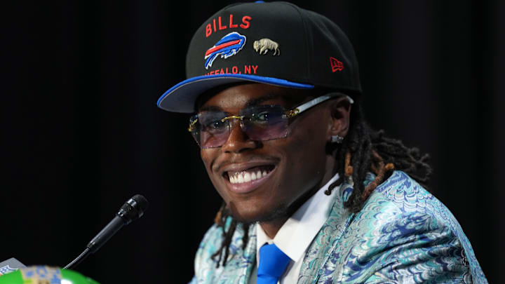 Apr 24, 2025; Green Bay, WI, USA; Maxwell Hairston speaks in a press conference after being selected by the Buffalo Bills. 