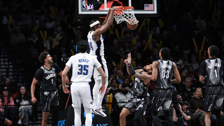 Orlando Magic center Wendell Carter Jr. (34) dunks the ball as Brooklyn Nets forward Trendon Watford (9) defends during the second half at Barclays Center.