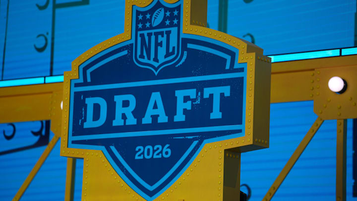 Apr 23, 2026; Pittsburgh, PA, USA;  The 2026 NFL Draft logo on the theater stage at Acrisure Stadium. Mandatory Credit: Kirby Lee-Imagn Images
