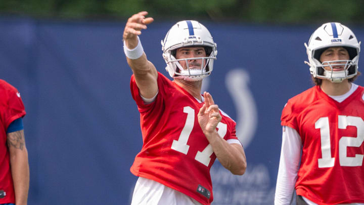 Jun 12, 2025; Indianapolis, IN, USA; Indianapolis Colts quarterback Daniel Jones (17) throws a pass during training camp at the Farm Bureau Football complex. Mandatory Credit: Marc Lebryk-Imagn Images Jun 12, 2025; Indianapolis, IN, USA; Indianapolis Colts quarterback Daniel Jones (17) throws a pass during training camp at the Farm Bureau Football complex. Mandatory Credit: Marc Lebryk-Imagn Images