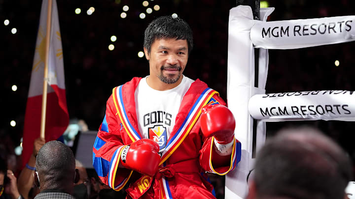 Manny Pacquiao before the start of a world welterweight championship bout against Yordenis Ugas at T-Mobile Arena.