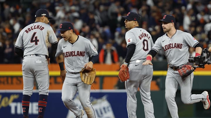 Oct 10, 2024; Detroit, Michigan, USA; The Cleveland Guardians celebrate after defeating the Detroit Tigers during game four of the ALDS for the 2024 MLB Playoffs at Comerica Park. Mandatory Credit: Rick Osentoski-Imagn Images