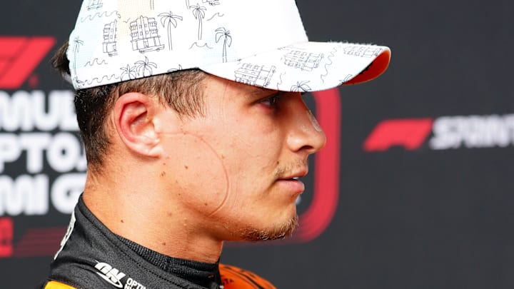 May 3, 2024; Miami Gardens, Florida, USA; McLaren driver Lando Norris (4) talks with the media after