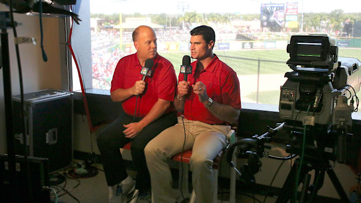 Mar 10, 2015; Clearwater, FL, USA; Philadelphia Phillies broadcasters Tom McCarthy (left) and Ben Davis on the air before a spring training baseball game against the Detroit Tigers at Bright House Field. Mar 10, 2015; Clearwater, FL, USA; Philadelphia Phillies broadcasters Tom McCarthy (left) and Ben Davis on the air before a spring training baseball game against the Detroit Tigers at Bright House Field.