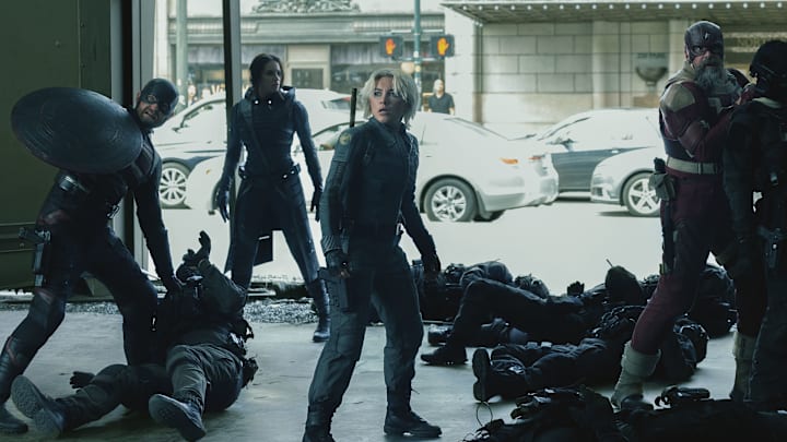 John Walker (Wyatt Russell), Ghost (Hannah John-Kamen), Yelena Belova (Florence Pugh) and Alexei Shostakov/Red Guardian (David Harbour) in Marvel Studios' THUNDERBOLTS*. Photo by Chuck Zlotnick. © 2025 MARVEL.