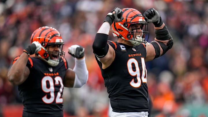 Cincinnati Bengals defensive end Sam Hubbard (94) and defensive tackle BJ Hill (92) celebrate Hubbard s sack in the first quarter of the NFL Week 18 game between the Cincinnati Bengals and the Cleveland Browns at Paycor Stadium in downtown Cincinnati on Sunday, Jan. 7, 2024. Cincinnati Bengals defensive end Sam Hubbard (94) and defensive tackle BJ Hill (92) celebrate Hubbard s sack in the first quarter of the NFL Week 18 game between the Cincinnati Bengals and the Cleveland Browns at Paycor Stadium in downtown Cincinnati on Sunday, Jan. 7, 2024.