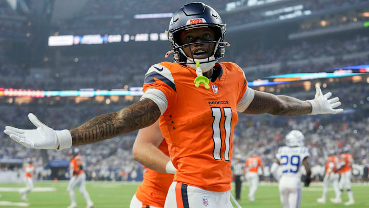 Denver Broncos wide receiver Troy Franklin (11) celebrates a touchdown Sunday, Sept. 14, 2025, during a game against the Indianapolis Colts at Lucas Oil Stadium in Indianapolis.