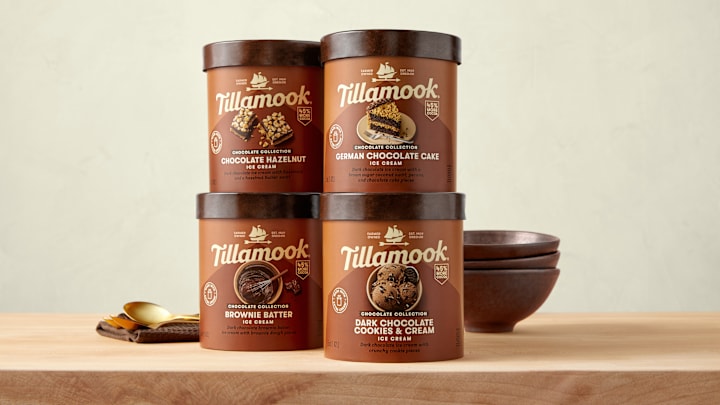Q1 Innovation 2023. 48oz Chocolate Collection Ice Cream hero group shot. Dark Chocolate Cookies & Cream, Brownie Batter, German Chocolate Cake, and Dark Chocolate Cookies & Cream. Four pack. Bowls and spoons next to cartons.