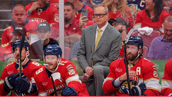 May 24, 2025; Sunrise, Florida, USA; Florida Panthers head coach Paul Maurice reacts during the first period in game three of the Eastern Conference Final of the 2025 Stanley Cup Playoffs at Amerant Bank Arena. 