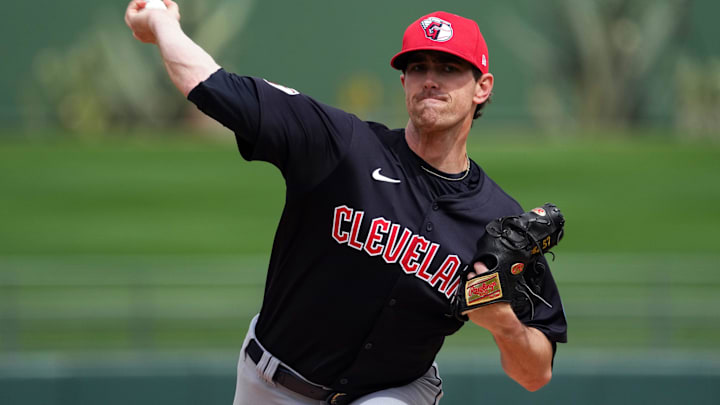 Mar 12, 2024; Surprise, Arizona, USA; Cleveland Guardians starting pitcher Shane Bieber (57) pitches against the Texas Rangers during the first inning at Surprise Stadium. Mandatory Credit: Joe Camporeale-Imagn Images Mar 12, 2024; Surprise, Arizona, USA; Cleveland Guardians starting pitcher Shane Bieber (57) pitches against the Texas Rangers during the first inning at Surprise Stadium. Mandatory Credit: Joe Camporeale-Imagn Images
