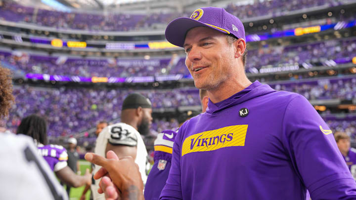 Aug 10, 2024; Minneapolis, Minnesota, USA; Minnesota Vikings head coach Kevin O'Connell after the game against the Las Vegas Raiders at U.S. Bank Stadium. Mandatory Credit: Brad Rempel-Imagn Images