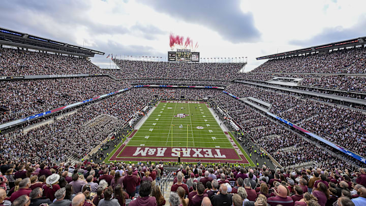 Dec 20, 2025; College Station, TX, USA; A view of the field and the fireworks before the game between the Aggies and the Hurricanes at Kyle Field. Mandatory Credit: Jerome Miron-Imagn Images